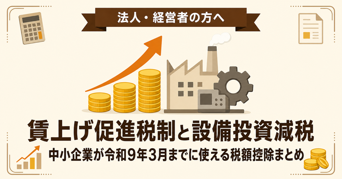 賃上げ促進税制と設備投資減税｜中小企業が令和9年3月までに使える法人税の税額控除まとめ（法人・経営者の方へ）
