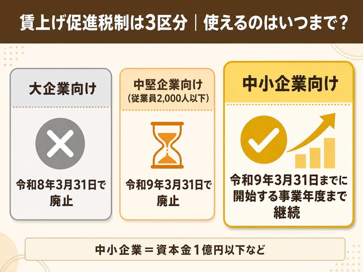 賃上げ促進税制の3区分の図解。大企業向けは令和8年3月末で廃止、中堅企業向けは令和9年3月末まで、中小企業向けは令和9年3月31日までに開始する事業年度まで継続