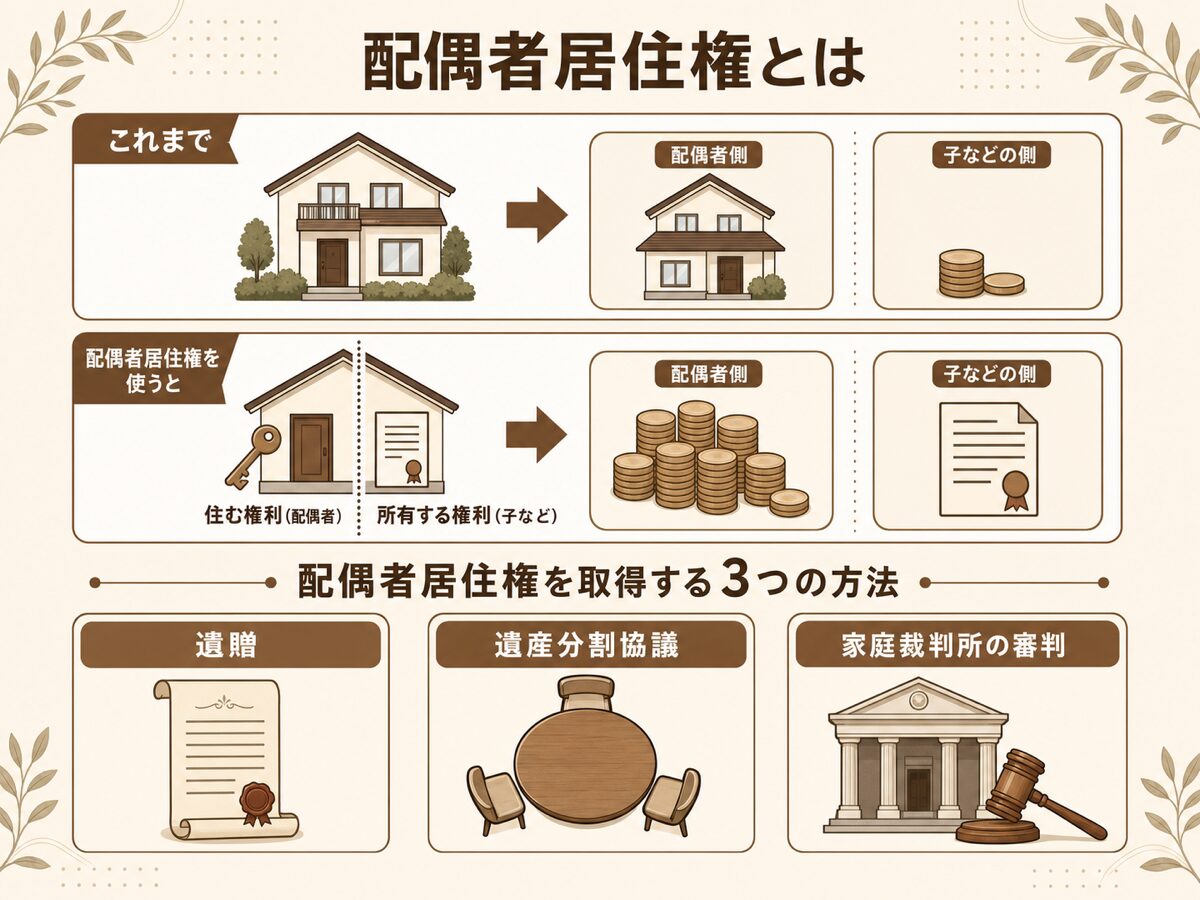 配偶者居住権は自宅を住む権利と所有する権利に分ける制度で遺贈・遺産分割・審判の3つの方法で取得することを示す図解