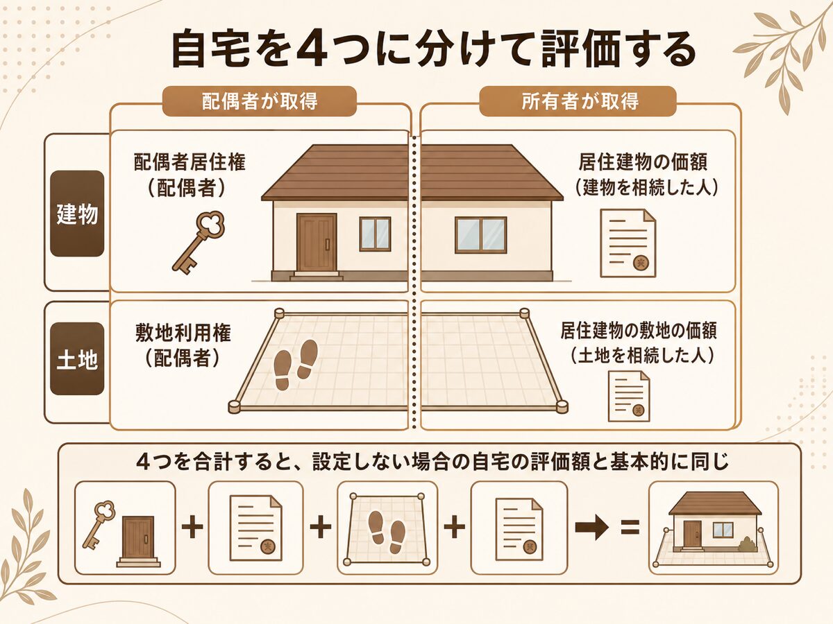 配偶者居住権を設定すると自宅が配偶者居住権と居住建物と敷地利用権と敷地の4つに分かれて相続税評価されることを示す図解