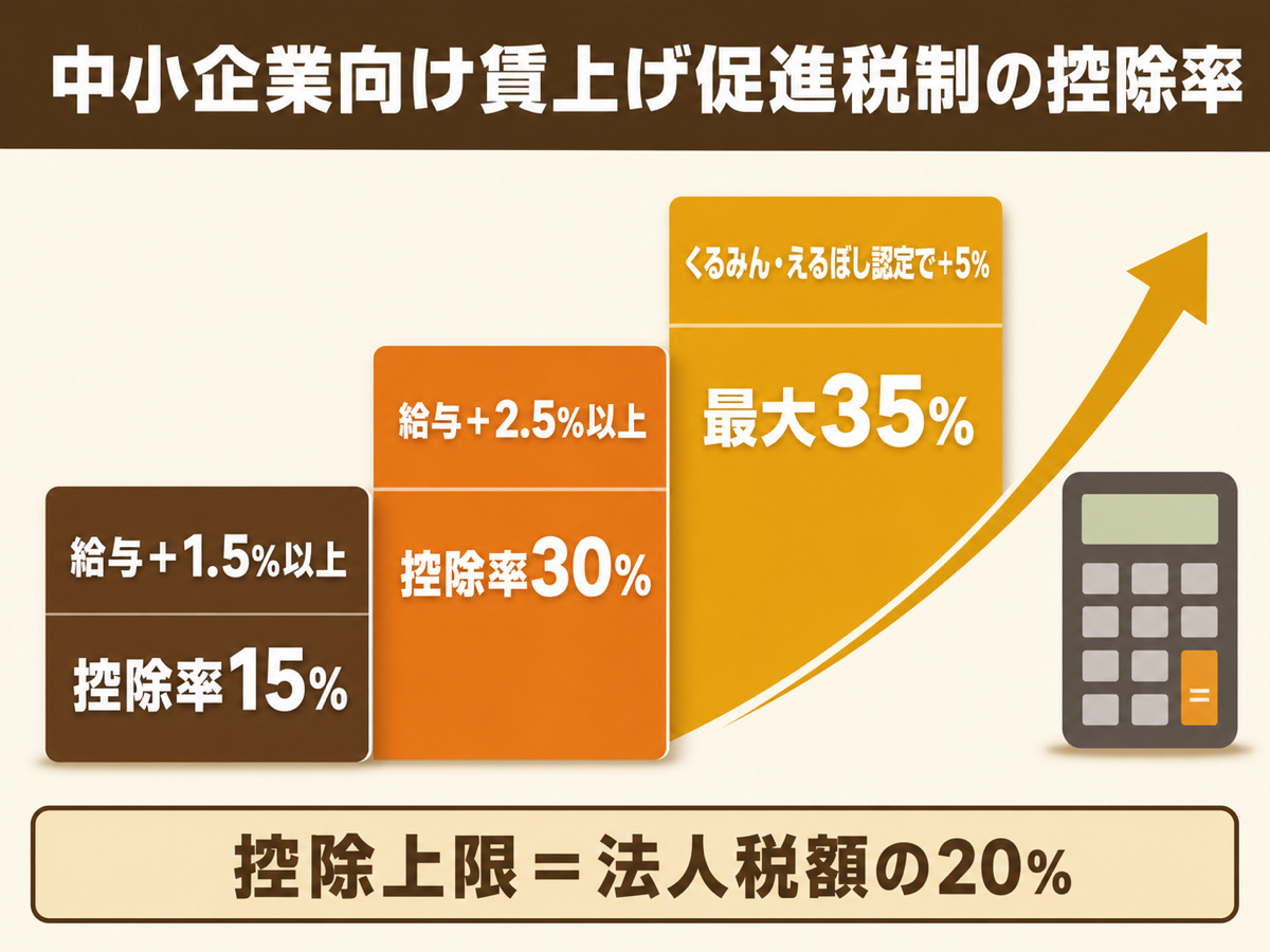 中小企業向け賃上げ促進税制の控除率の図解。給与1.5%増で15%、2.5%増で30%、くるみん・えるぼし認定で5%上乗せ、最大35%
