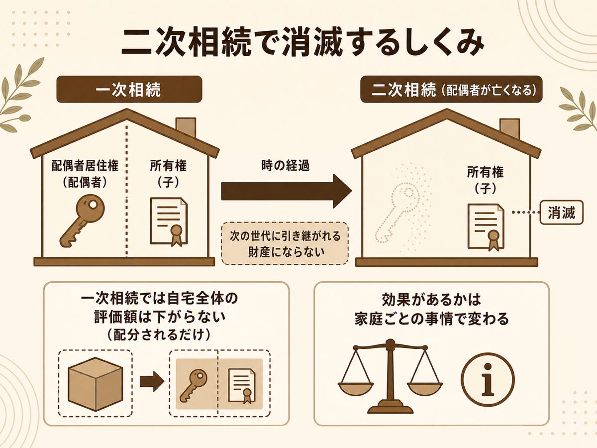 一次相続で設定した配偶者居住権が配偶者の死亡により消滅し次の世代に引き継がれないという二次相続の流れを示す図解