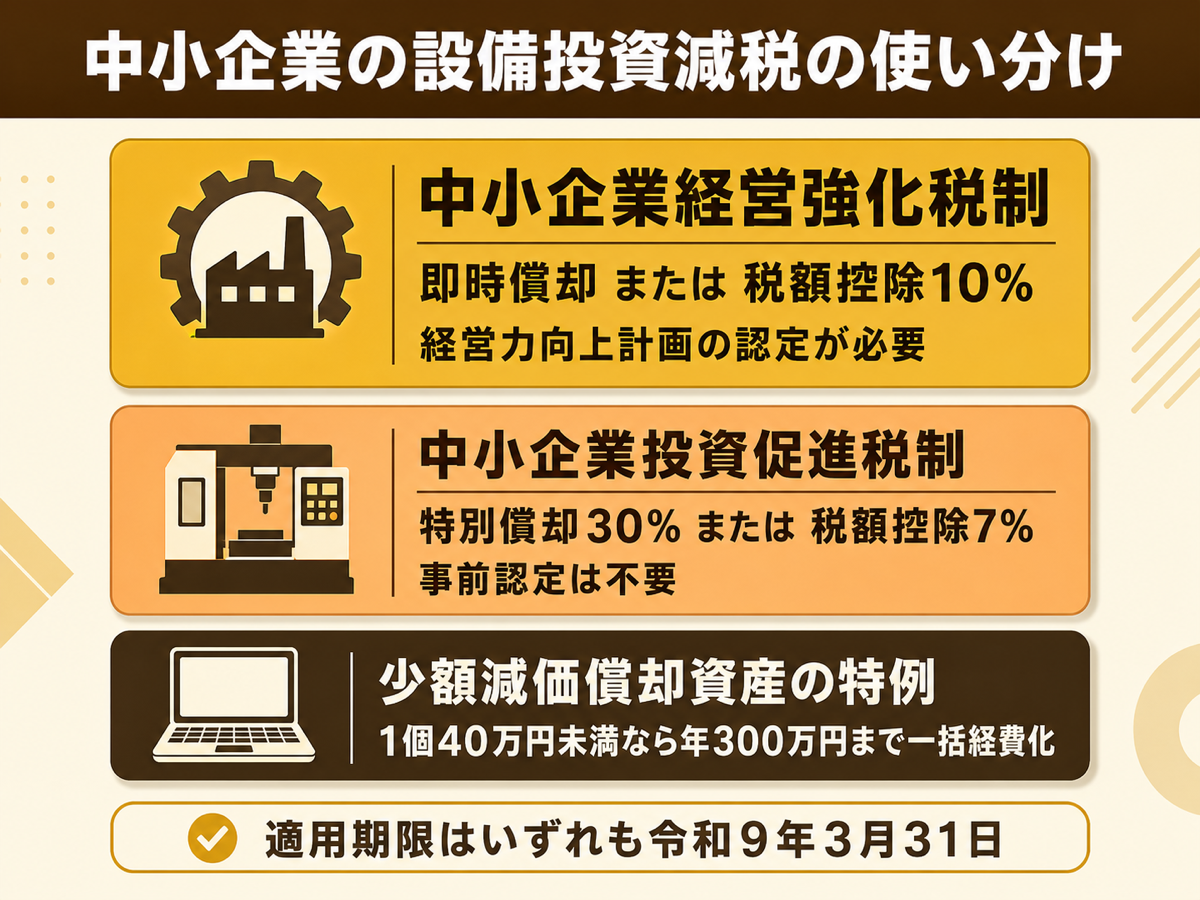 中小企業の設備投資減税の使い分けマップ。中小企業経営強化税制は即時償却または税額控除10%、中小企業投資促進税制は特別償却30%または税額控除7%、40万円未満は少額減価償却資産の特例