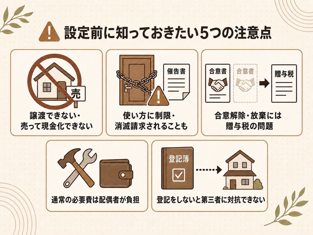 配偶者居住権は譲渡できない使い方に制限がある合意解除で贈与税がかかるなど5つのデメリットを示す図解