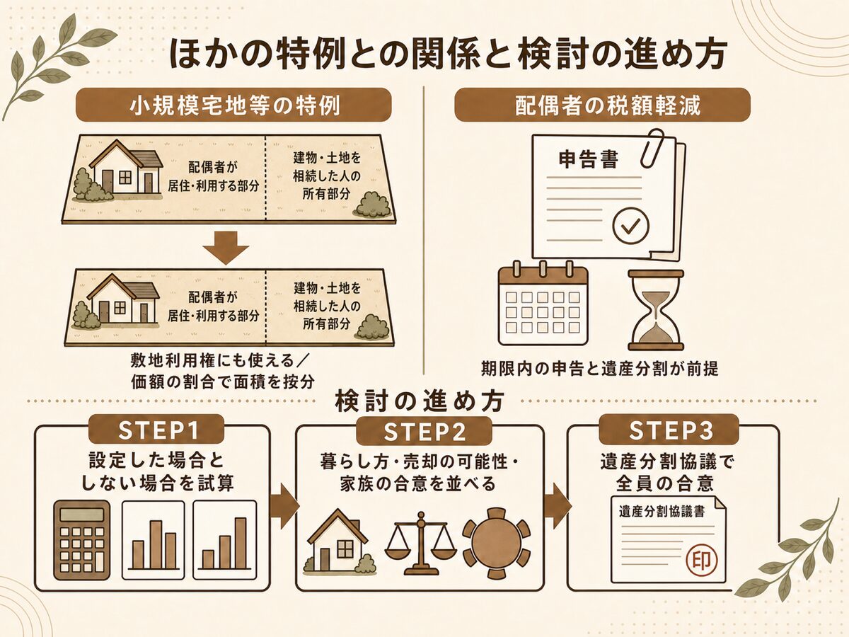 配偶者居住権と小規模宅地等の特例や配偶者の税額軽減との関係と検討したいケース慎重に考えたいケースを示す図解