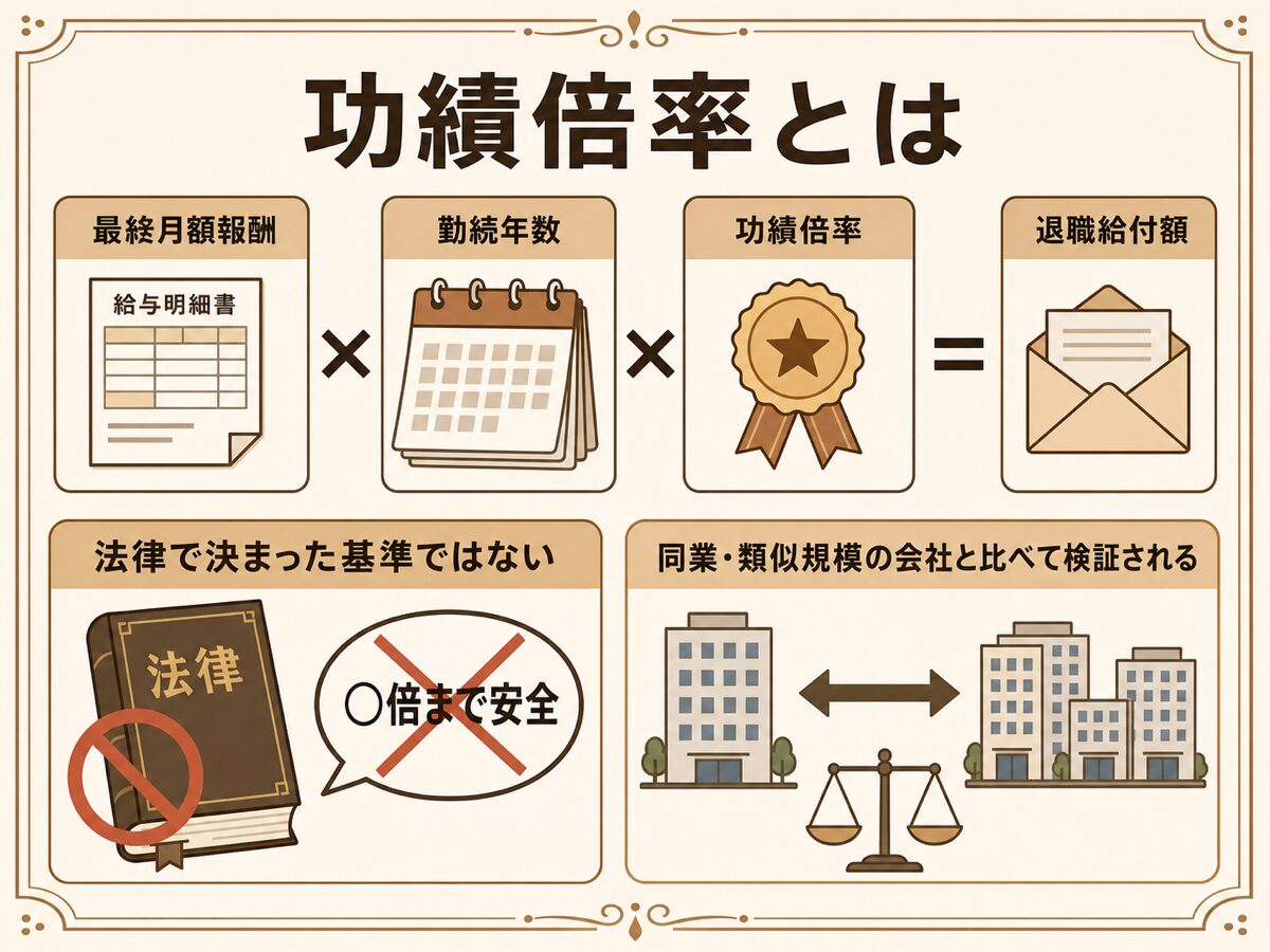 功績倍率法の算式図解(最終月額報酬×勤続年数×功績倍率と類似法人比較の考え方)