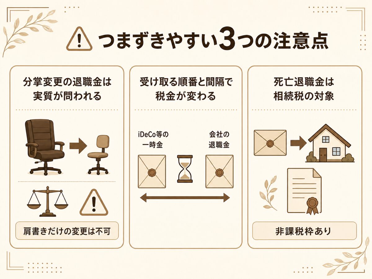 役員退職金の注意点図解(分掌変更の要件・一時金と受け取る順番・死亡退職金の相続税)