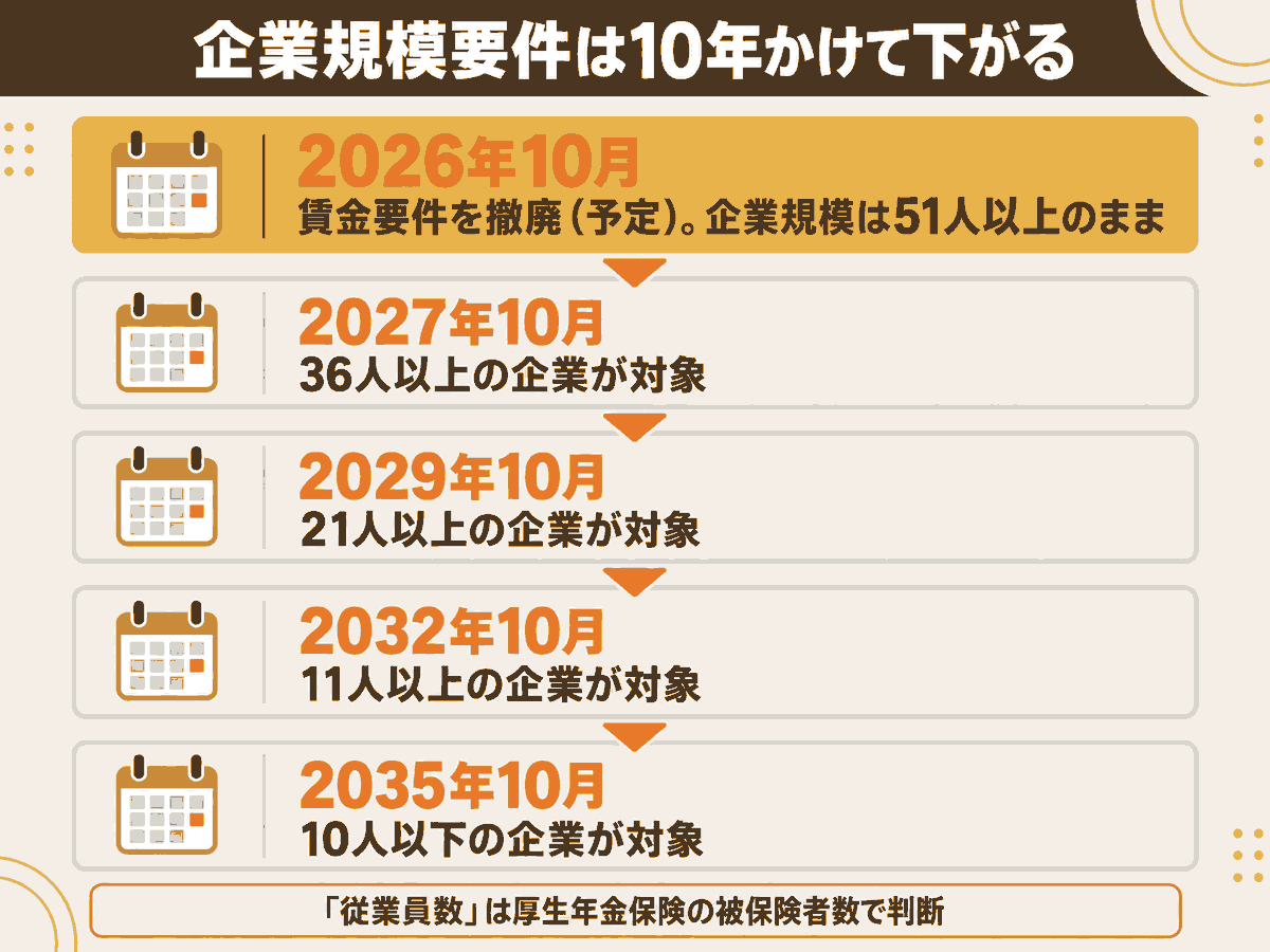 企業規模要件が2027年10月の36人以上から2035年10月の10人以下まで4段階で引き下げられるスケジュールを時系列で示した図解