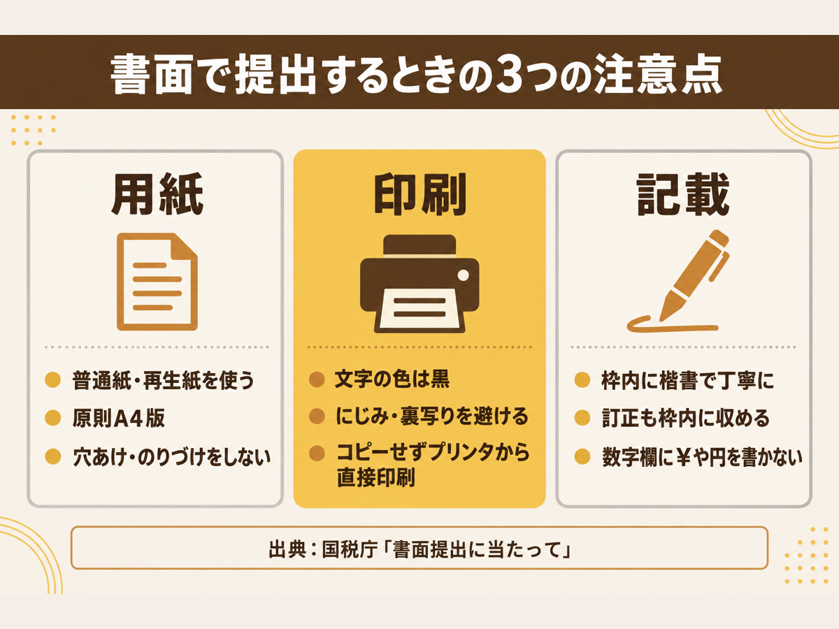 AI-OCRで読み取られる書面申告書の提出時の注意点を用紙・印刷・記載方法の3つに分けて示した図解